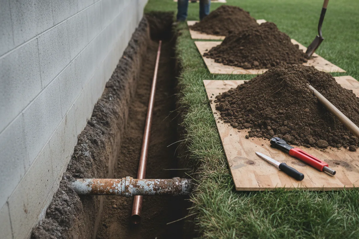 Excavated water line trench during Sewer Line Repair in Garden City
